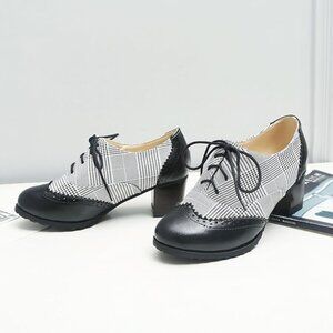 NEW! Women's Retro Wingtip Block Heel Lace Up Oxfords Stacked Chunky High Heels